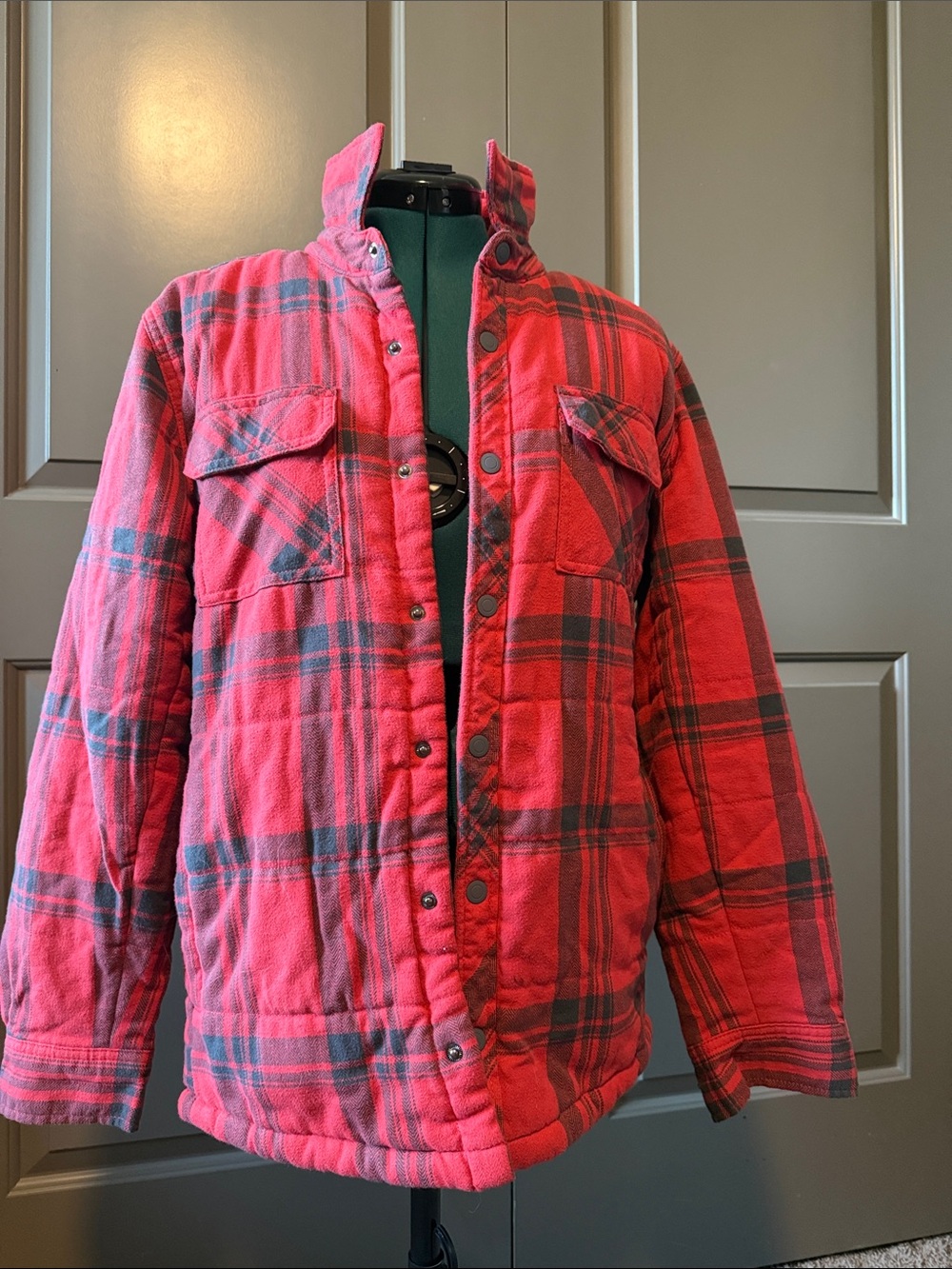 George Red and Black Quilted Plaid Snap-Front Bomber Jacket
